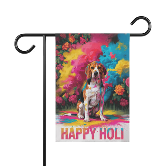 Printify Home Decor 12'' × 18'' Beagle Holi Festival Garden Flag, Indian Celebrations Funny Hound Dog