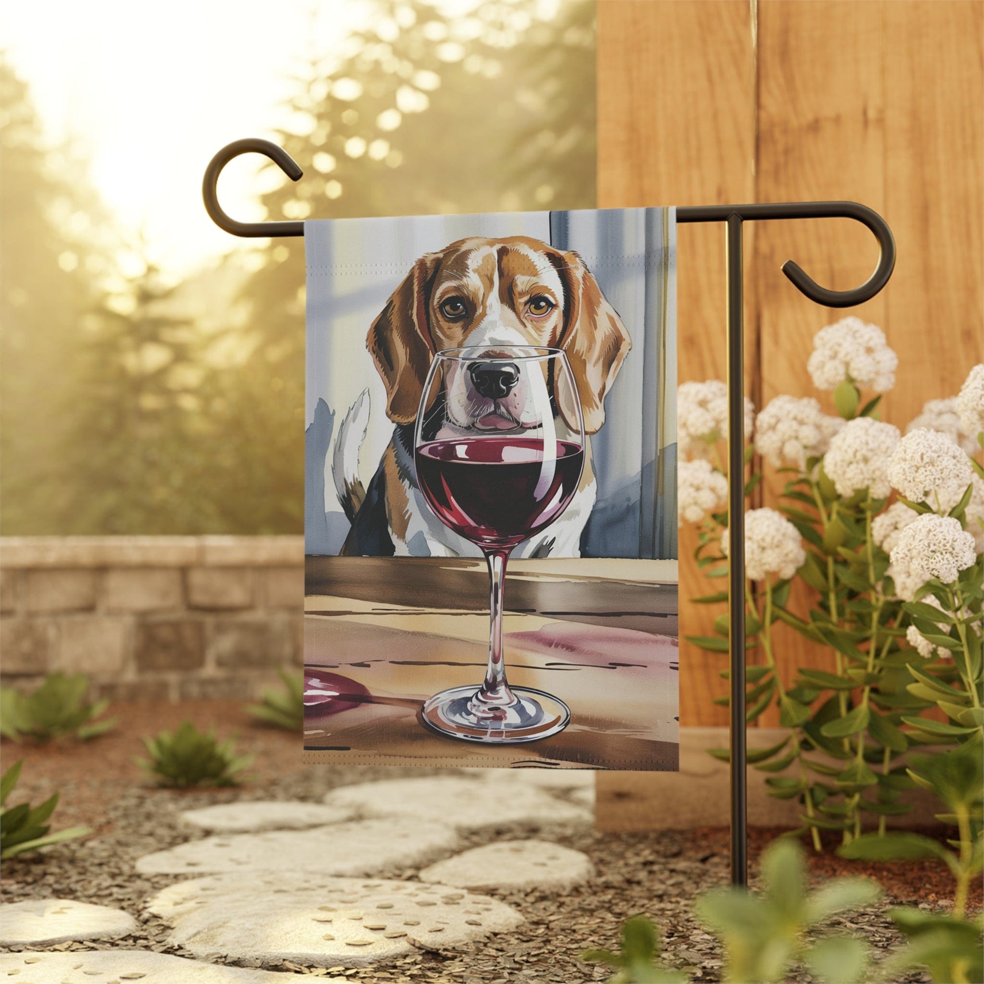 Printify Home Decor Beagle Hound Dog Wine Lover Garden Flag, Yard Decor, Dog Lover Outdoor Banner