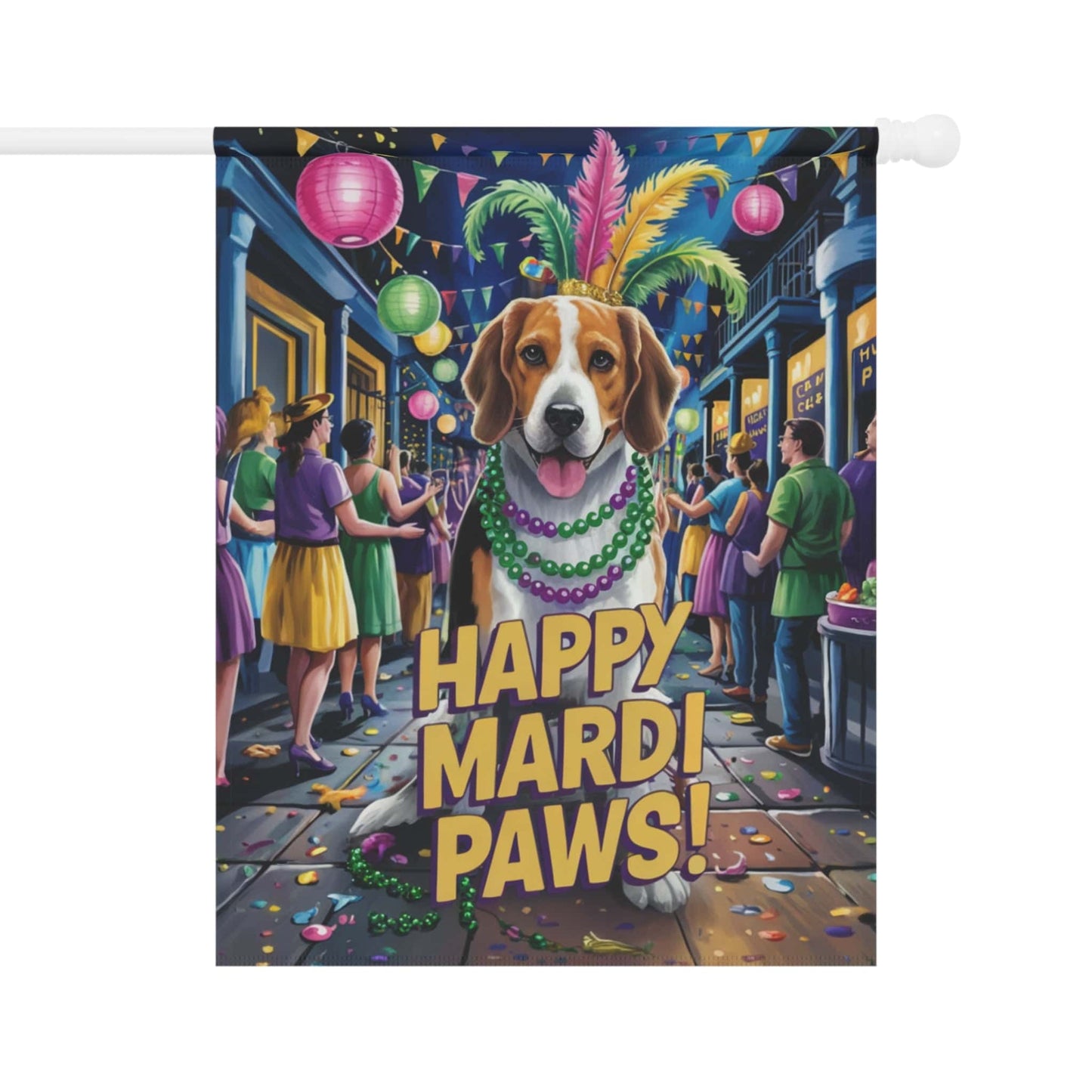 Printify Home Decor 24.5'' × 32'' Beagle Mardi Gras Paws Yard Decor, Welcome Housewarming Dog Gift, Dog Mom Dad