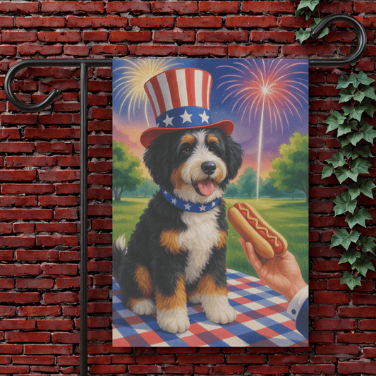 Printify Garden Flag 12'' × 18'' Bernedoodle 4th Hotdog Garden Flag