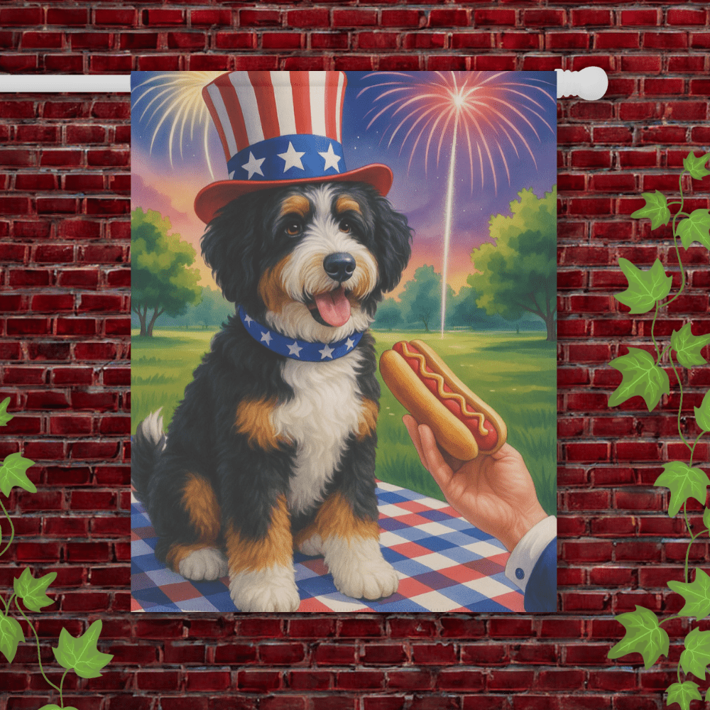 Printify Garden Flag 24.5'' × 32'' Bernedoodle 4th Hotdog Garden Flag