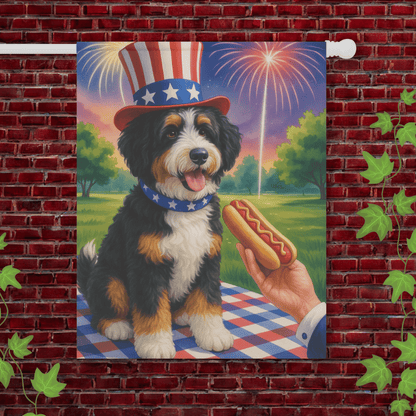 Printify Garden Flag 24.5'' × 32'' Bernedoodle 4th Hotdog Garden Flag