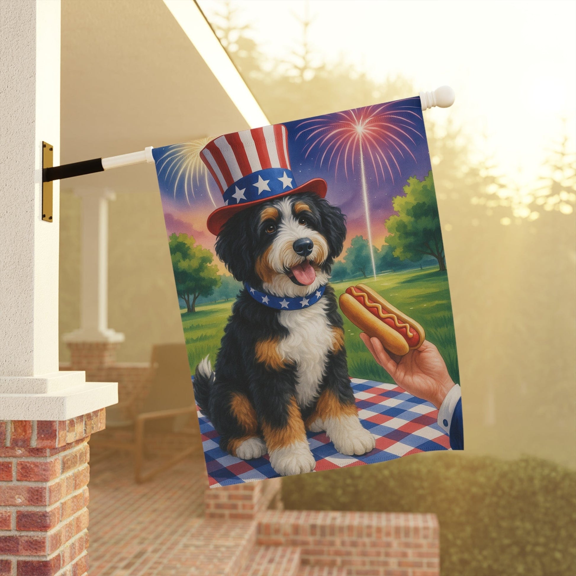 Printify Garden Flag Bernedoodle 4th Hotdog Garden Flag
