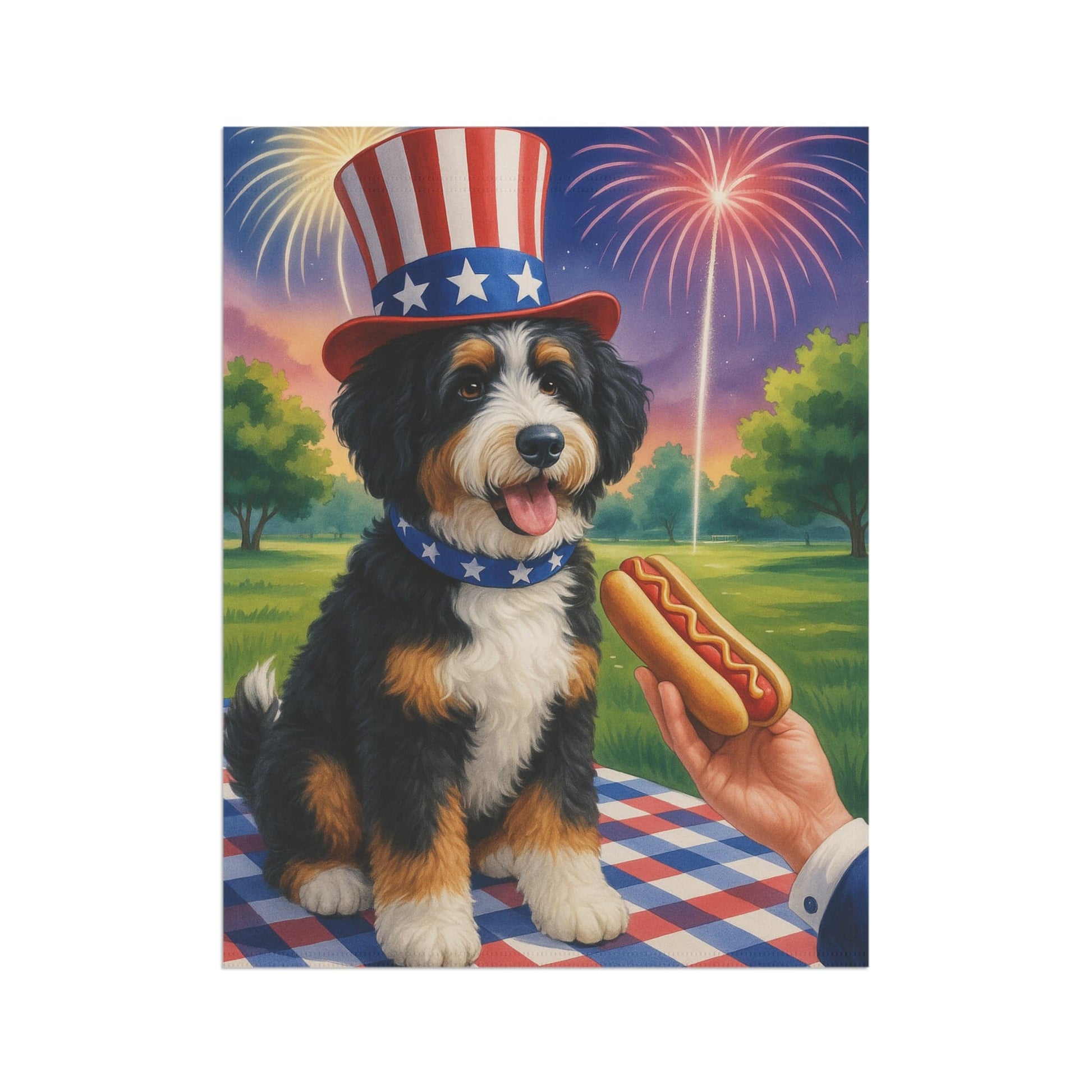 Printify Garden Flag Bernedoodle 4th Hotdog Garden Flag
