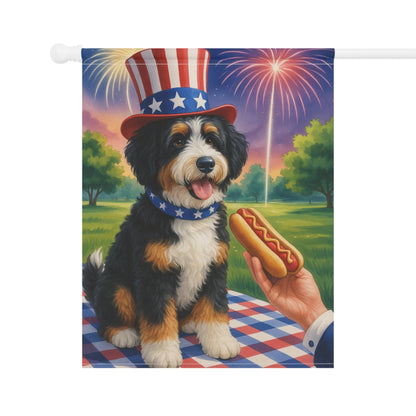 Printify Garden Flag Bernedoodle 4th Hotdog Garden Flag