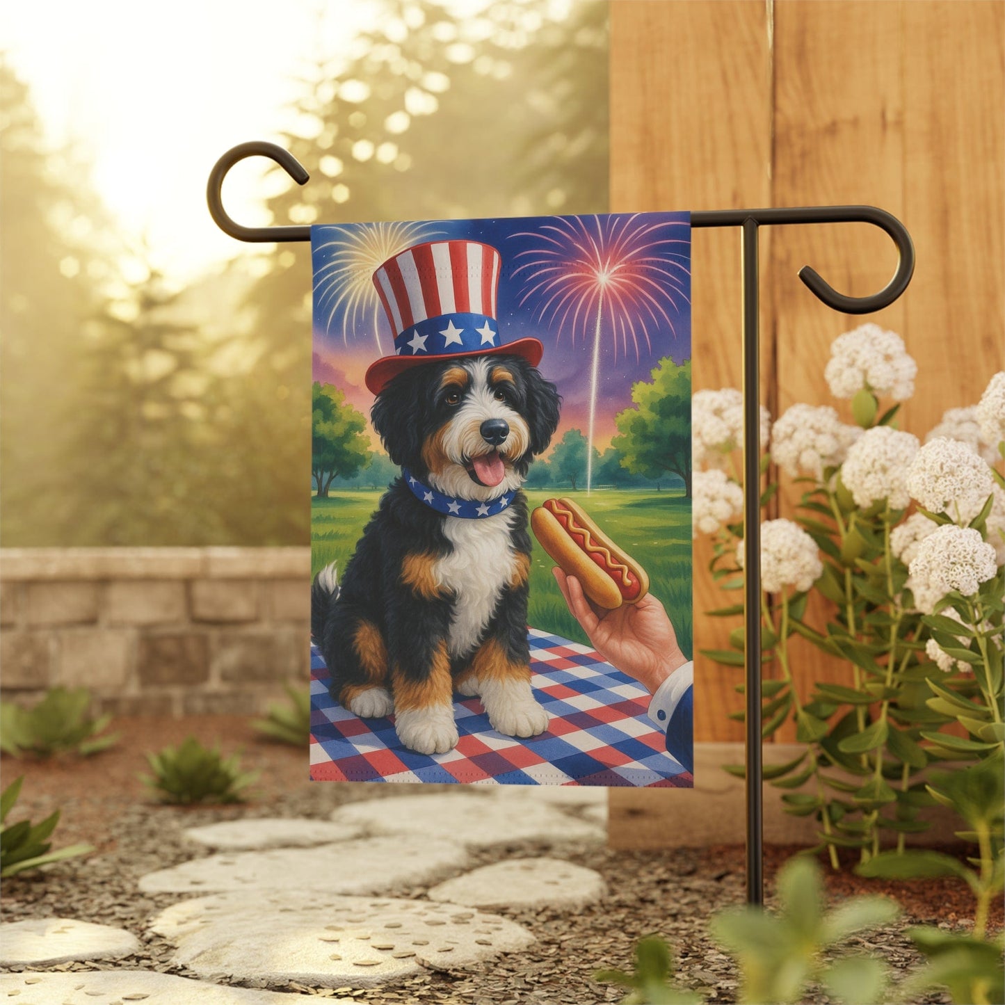 Printify Garden Flag Bernedoodle 4th Hotdog Garden Flag