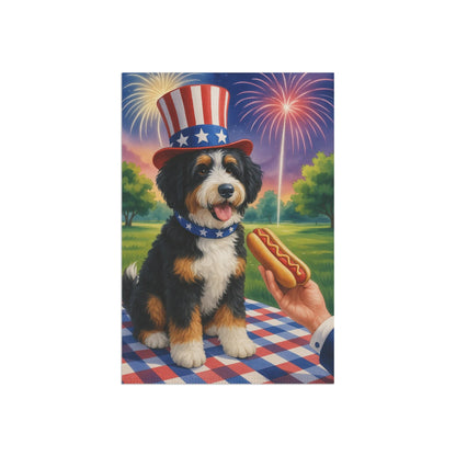 Printify Garden Flag Bernedoodle 4th Hotdog Garden Flag