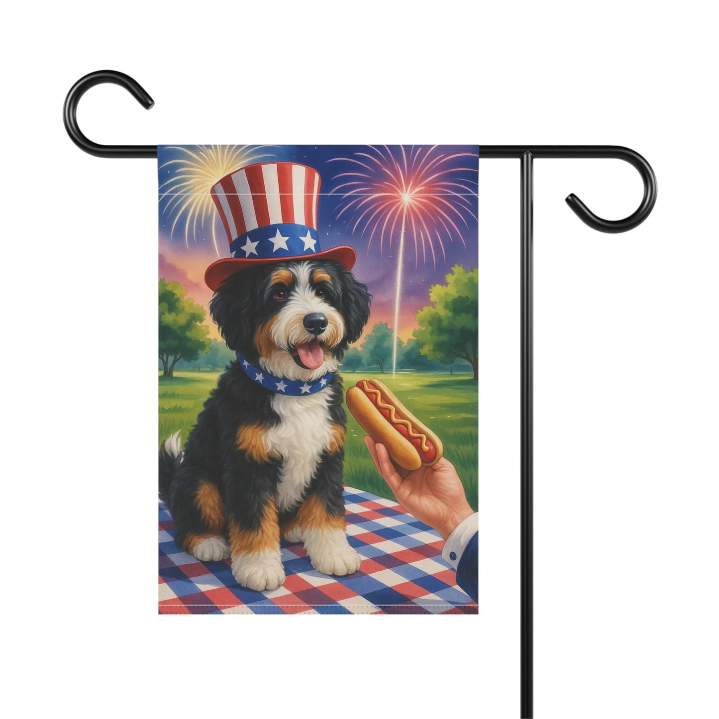 Printify Garden Flag Bernedoodle 4th Hotdog Garden Flag