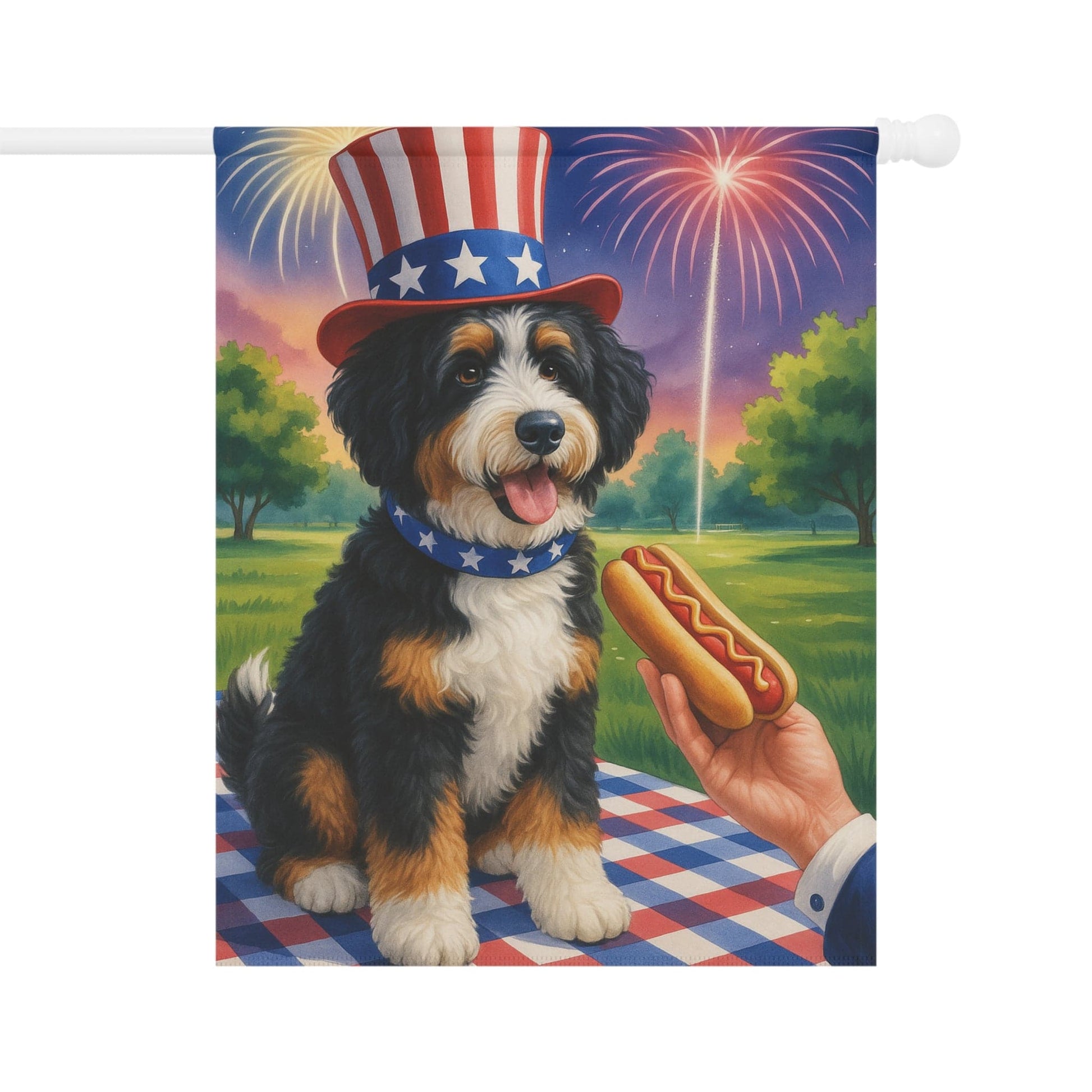 Printify Garden Flag Bernedoodle 4th Hotdog Garden Flag