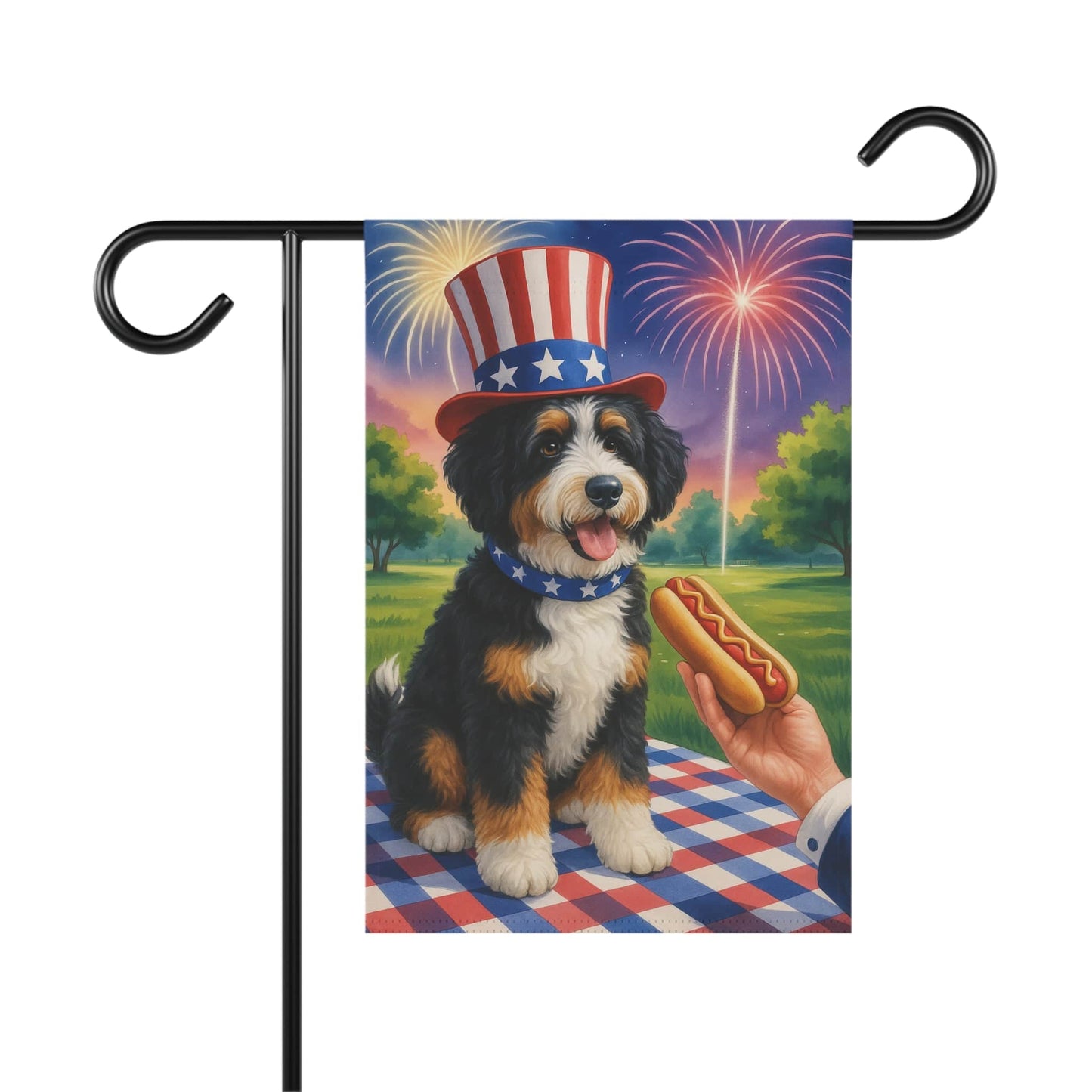 Printify Garden Flag Bernedoodle 4th Hotdog Garden Flag