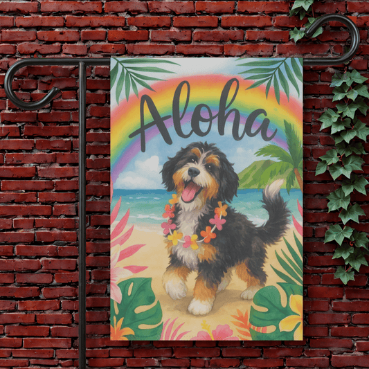 Printify Garden Flag 12'' × 18'' Bernedoodle Aloha Garden Flag