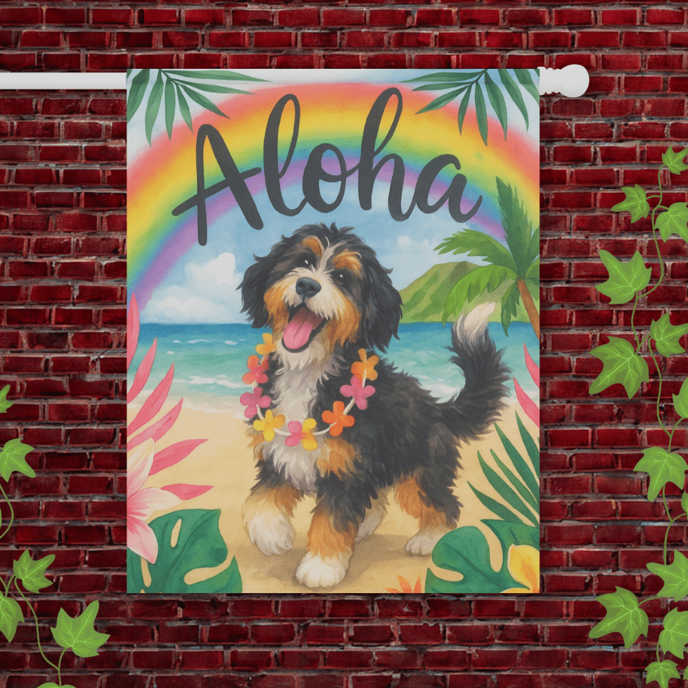 Printify Garden Flag 24.5'' × 32'' Bernedoodle Aloha Garden Flag