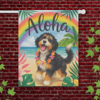 Printify Garden Flag 24.5'' × 32'' Bernedoodle Aloha Garden Flag