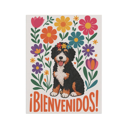 Printify Garden Flag Bernedoodle Dog Bienvenidos Garden Flag, Spanish Front Yard Decor