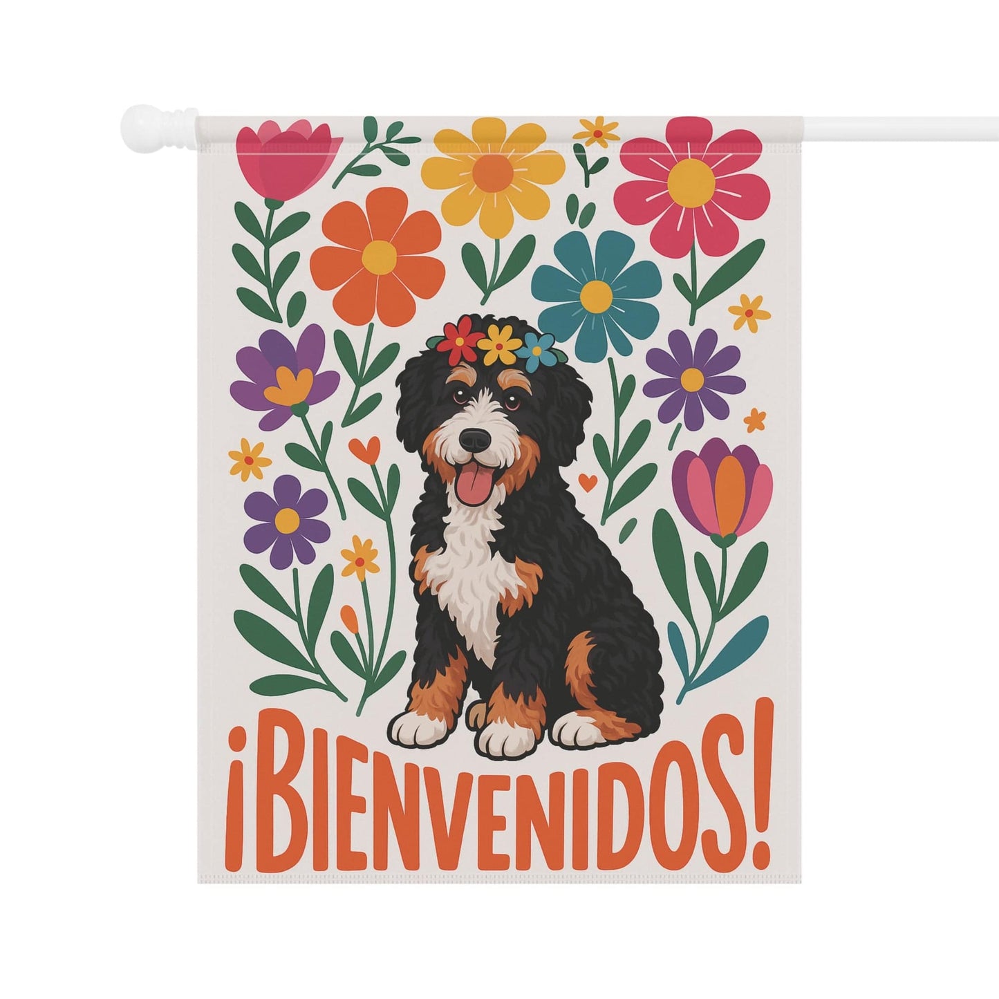 Printify Garden Flag Bernedoodle Dog Bienvenidos Garden Flag, Spanish Front Yard Decor