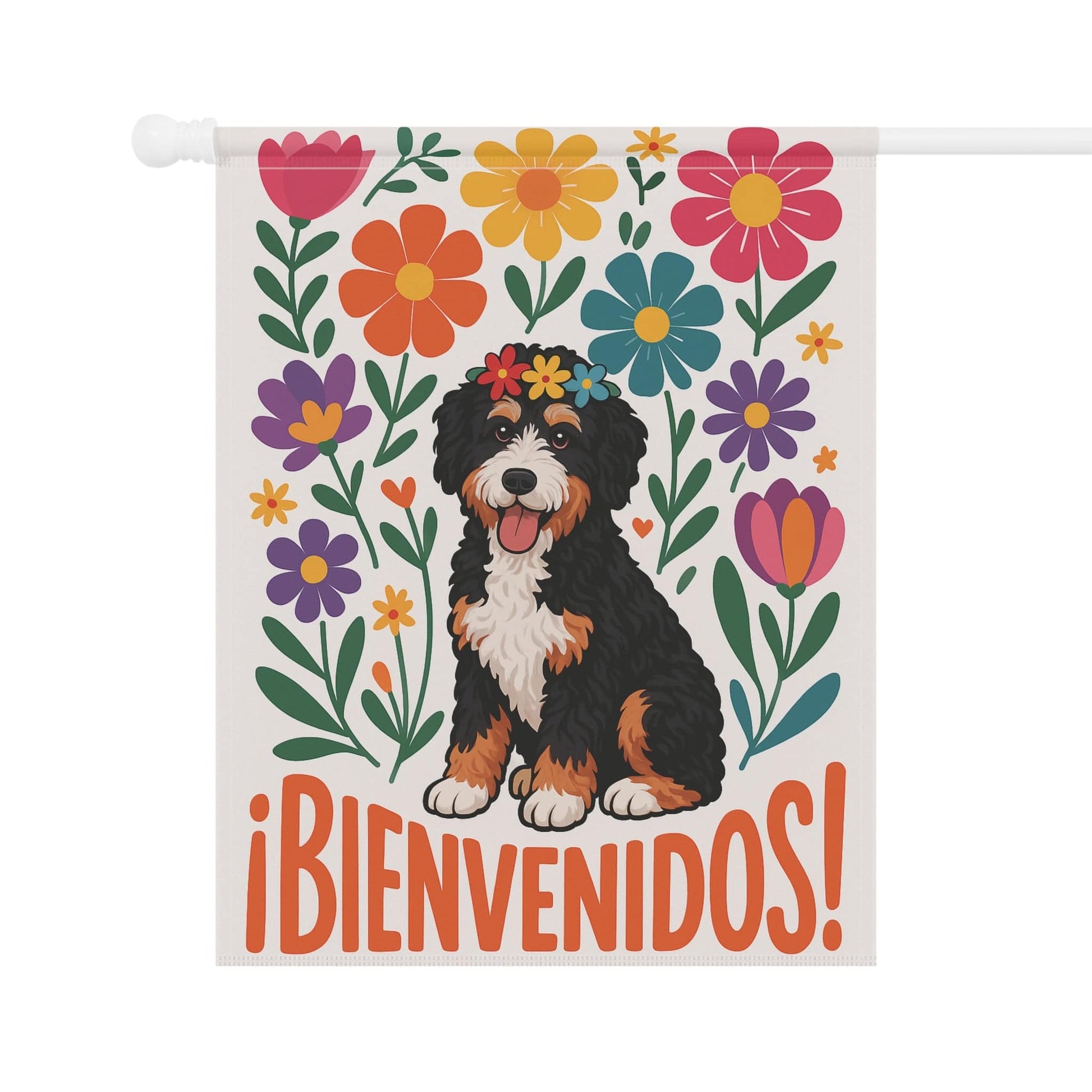 Printify Garden Flag Bernedoodle Dog Bienvenidos Garden Flag, Spanish Front Yard Decor
