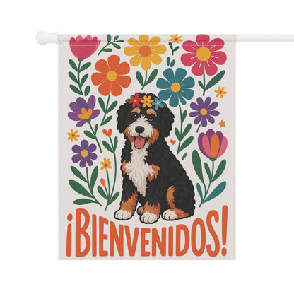 Printify Garden Flag Bernedoodle Dog Bienvenidos Garden Flag, Spanish Front Yard Decor