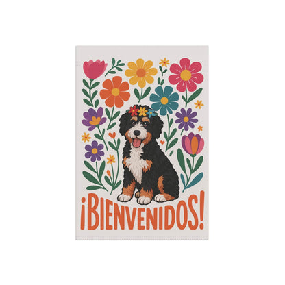Printify Garden Flag Bernedoodle Dog Bienvenidos Garden Flag, Spanish Front Yard Decor