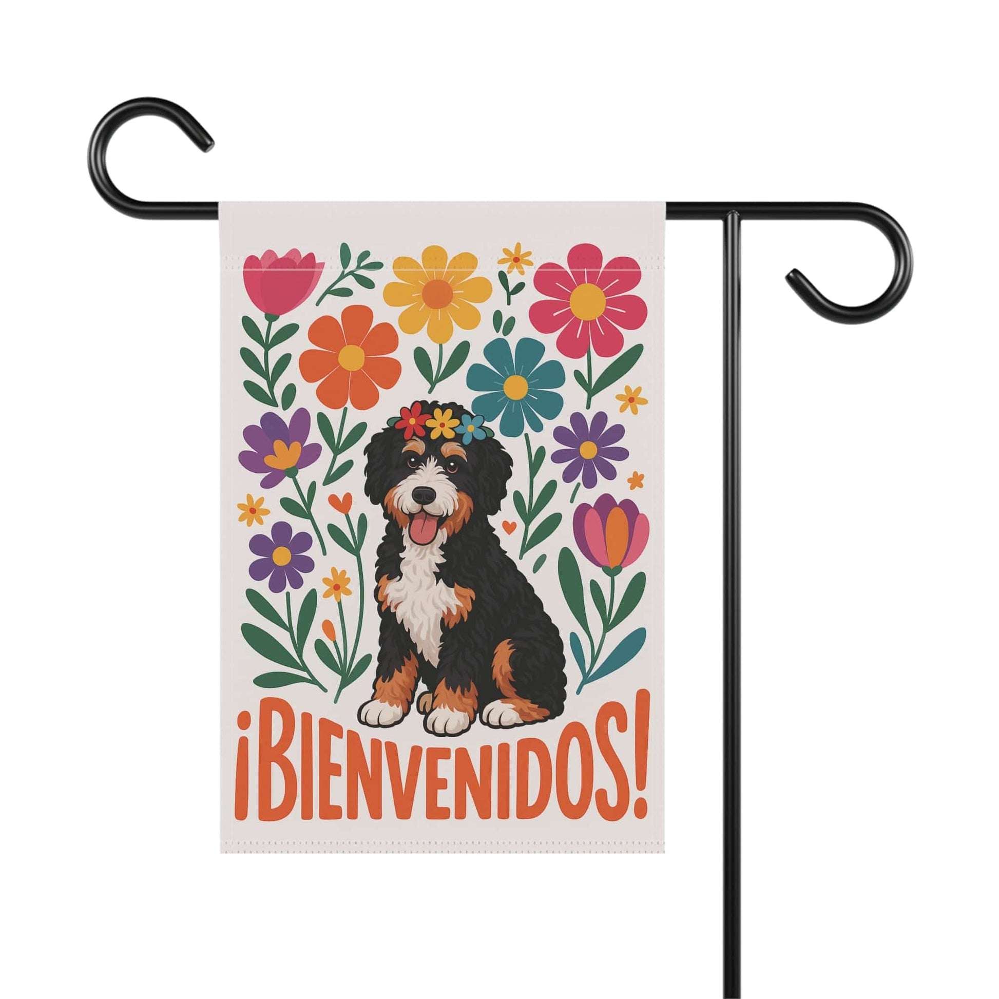 Printify Garden Flag Bernedoodle Dog Bienvenidos Garden Flag, Spanish Front Yard Decor