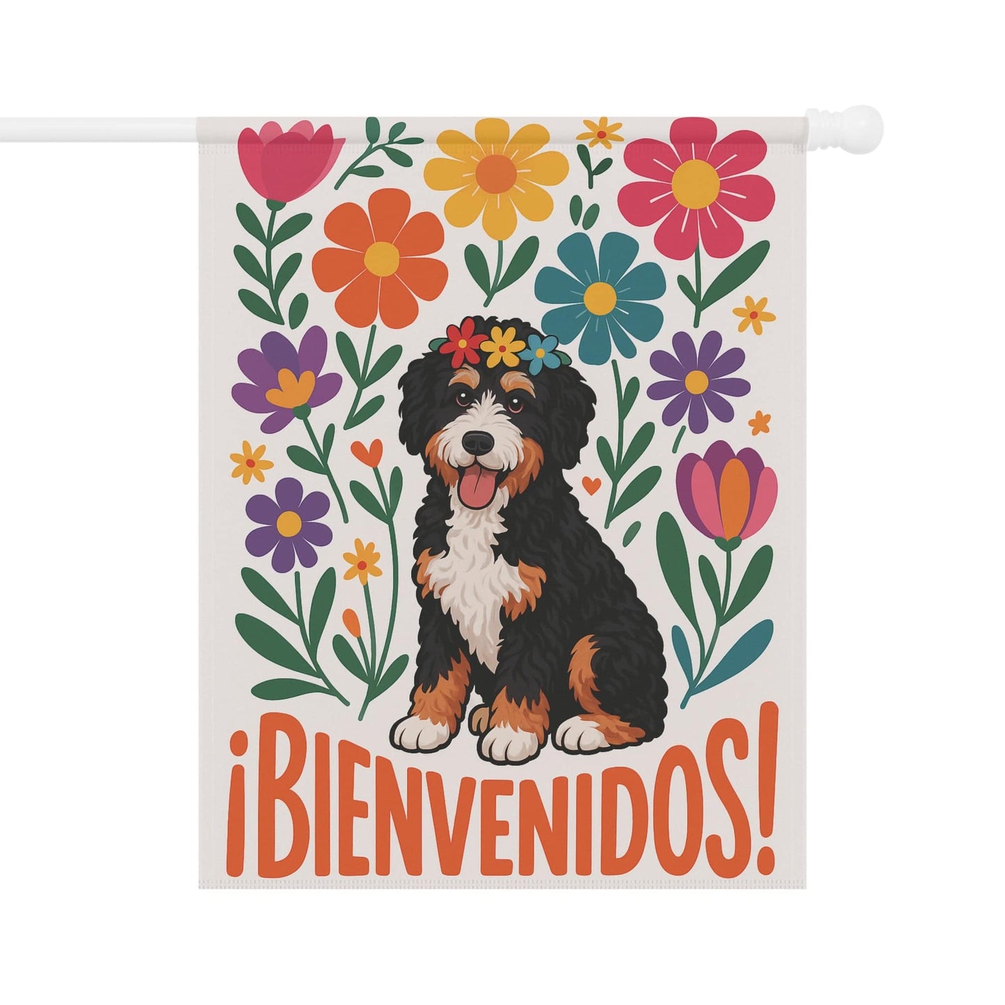 Printify Garden Flag 24.5'' × 32'' Bernedoodle Dog Bienvenidos Garden Flag, Spanish Front Yard Decor