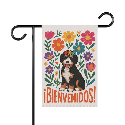 Printify Garden Flag 12'' × 18'' Bernedoodle Dog Bienvenidos Garden Flag, Spanish Front Yard Decor