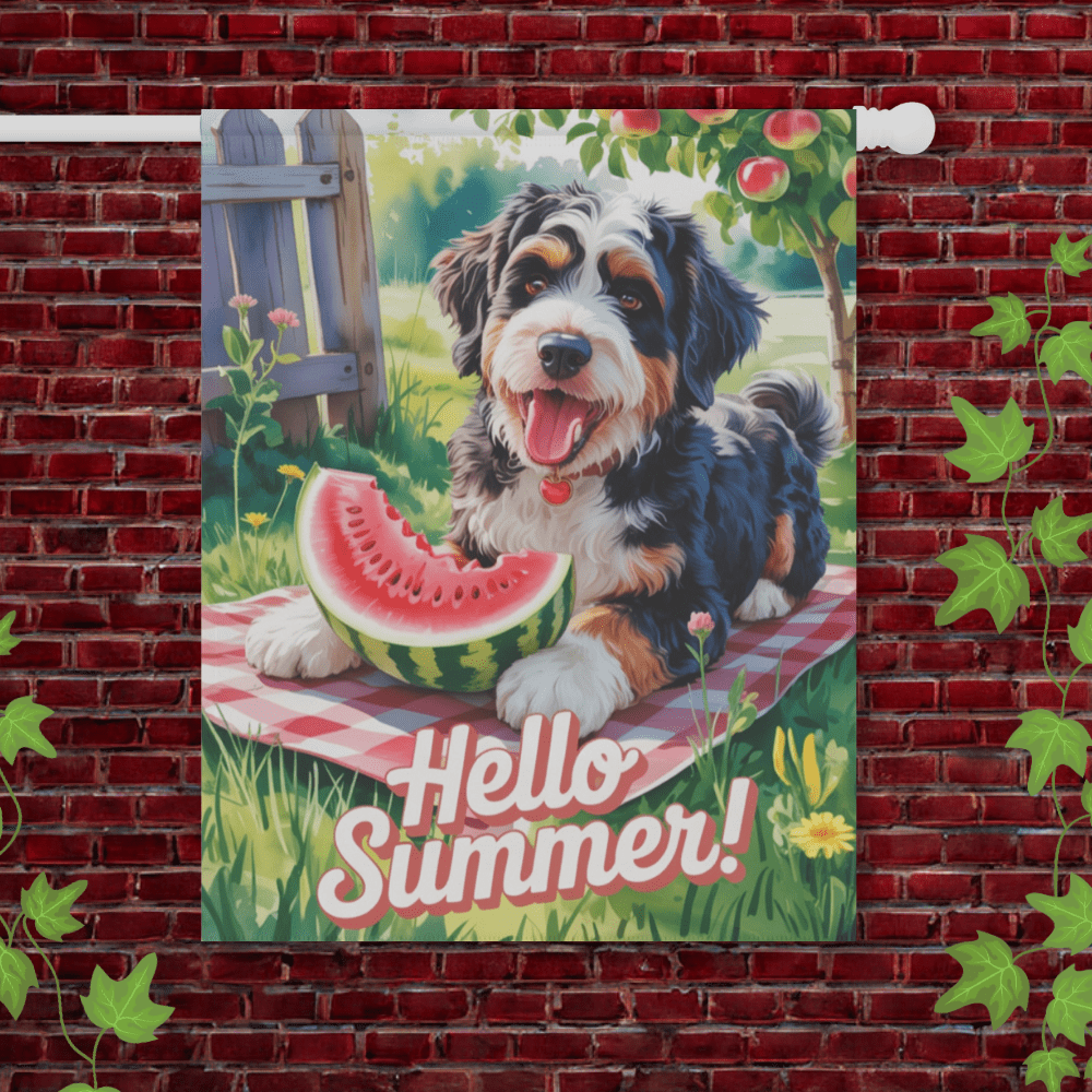 Printify Garden Flag 24.5'' × 32'' Bernedoodle Watermelon Garden Flag
