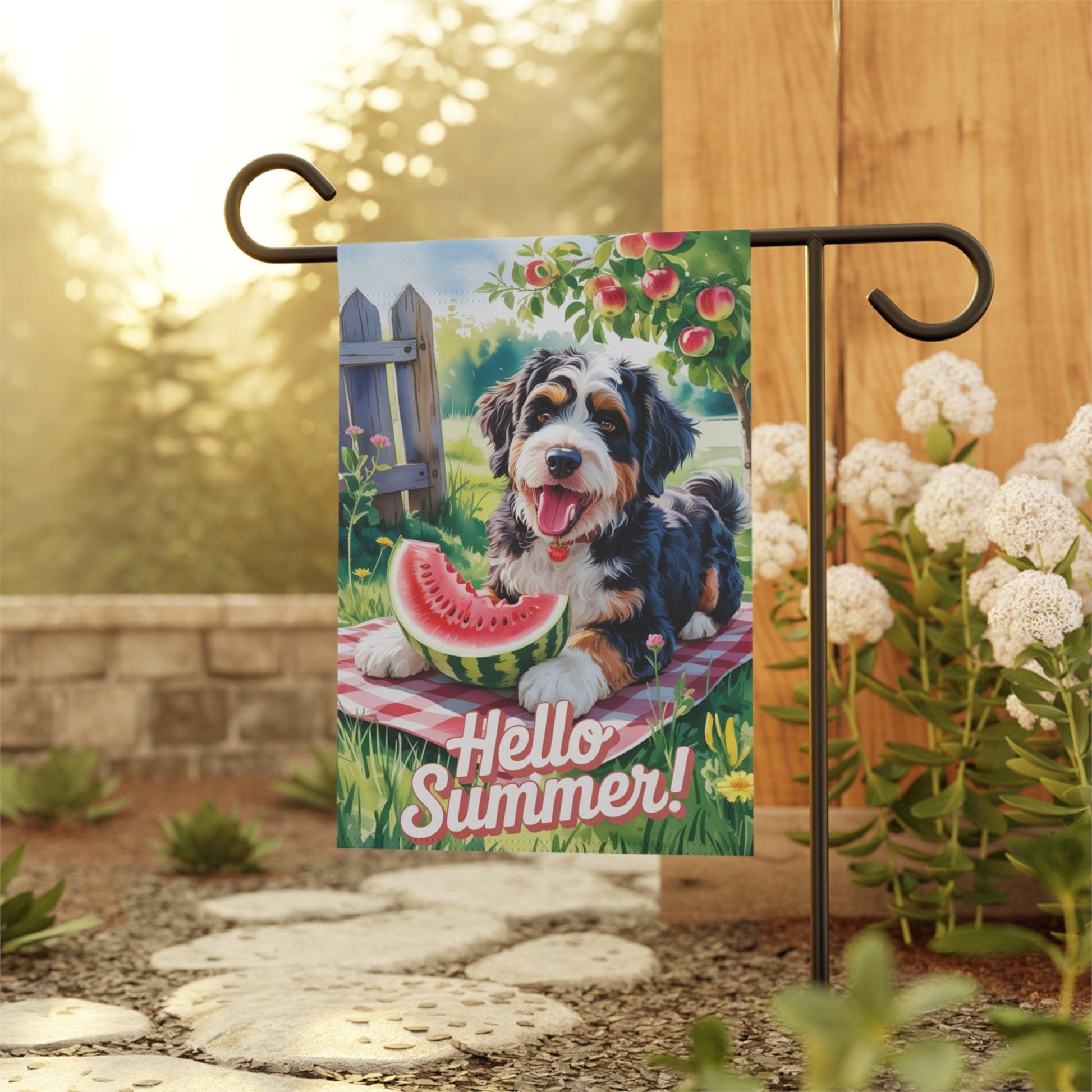Printify Garden Flag Bernedoodle Watermelon Garden Flag