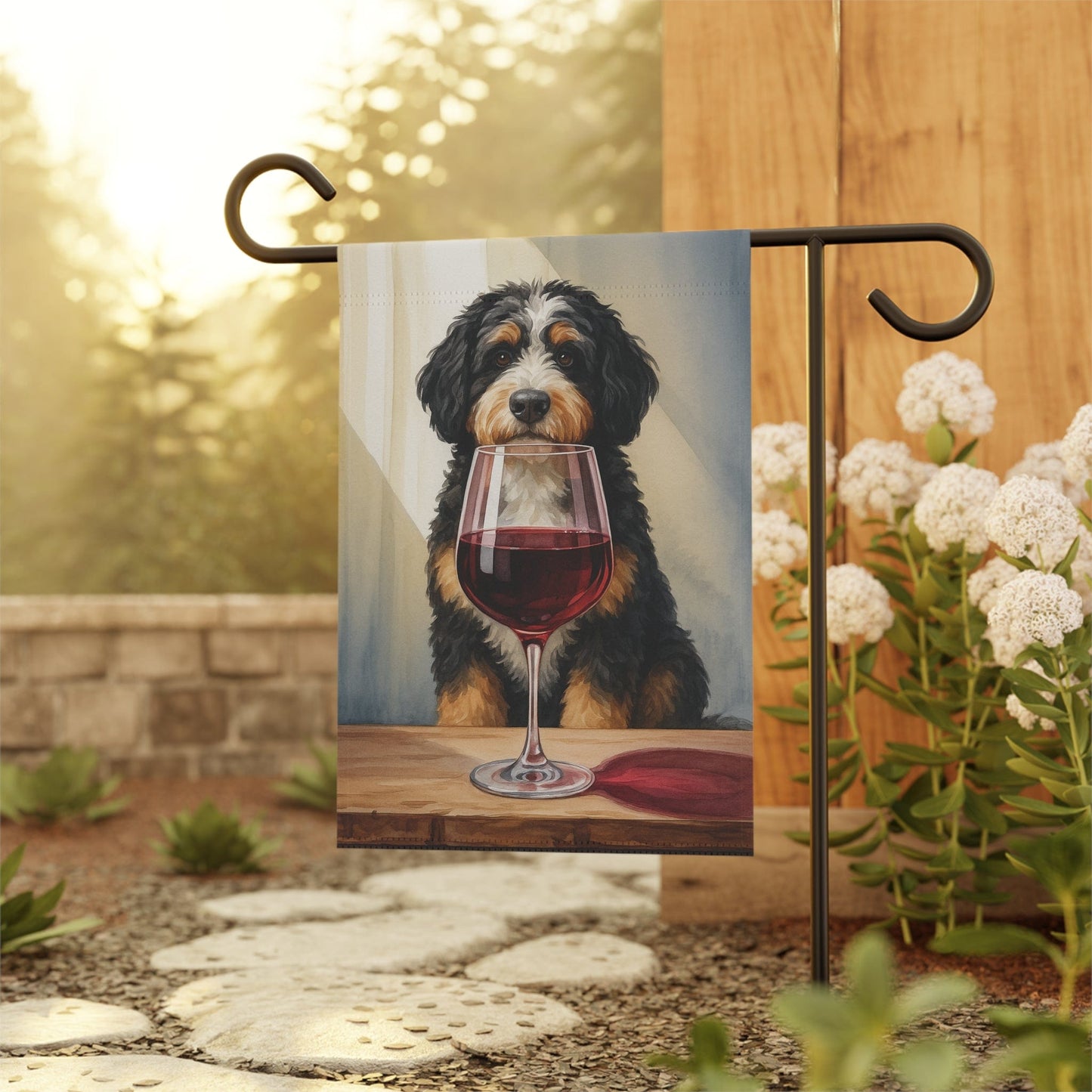Printify Garden Flag Bernedoodle Wine Garden Flag