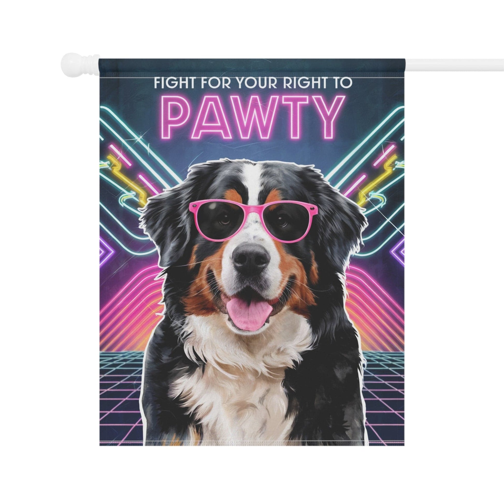 Printify Garden Flag Bernese Mountain Dog, 80s Party Retro-Futuristic Garden Flag, Front Yard Spring