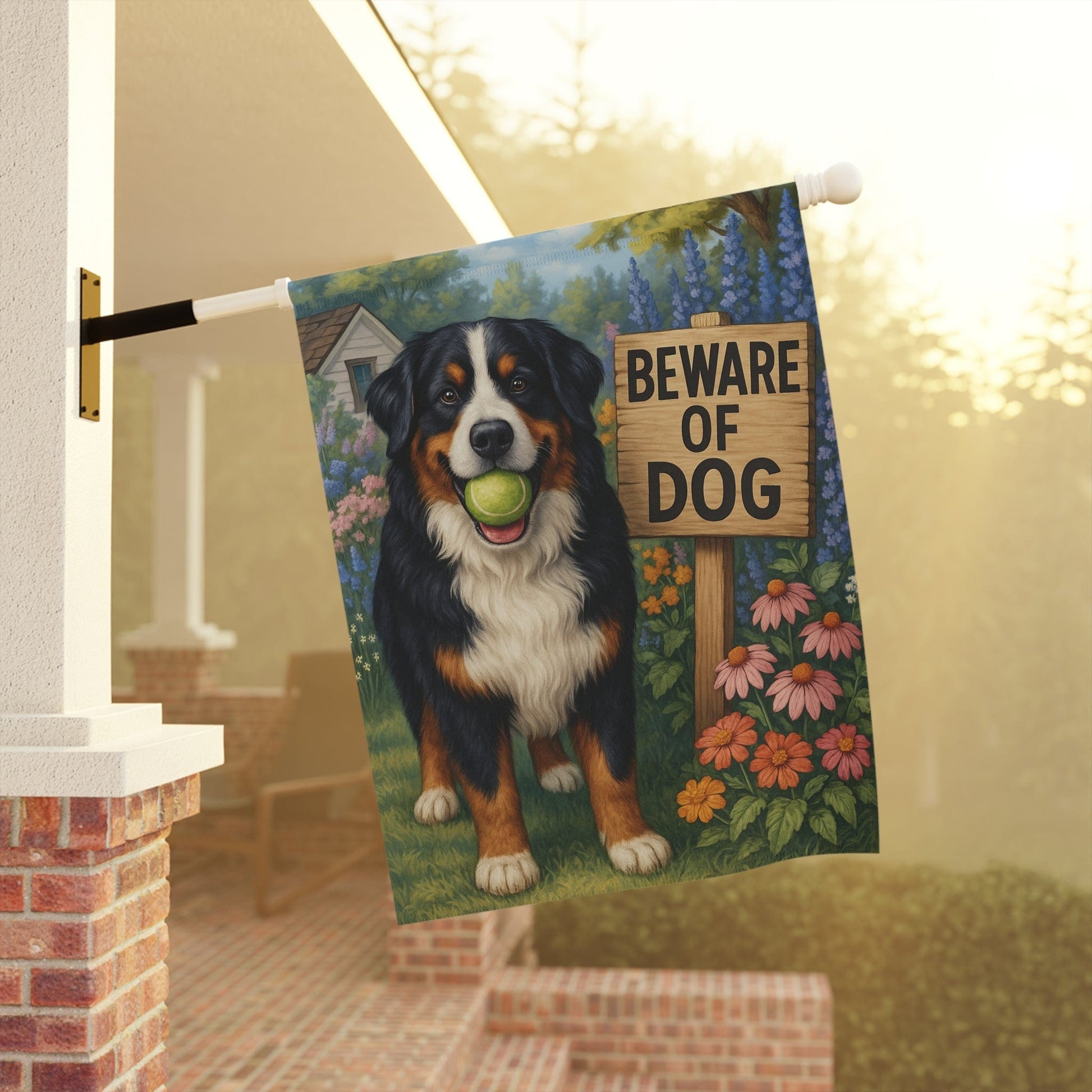 Printify Garden Flag Bernese Mountain Dog Beware Garden Flag