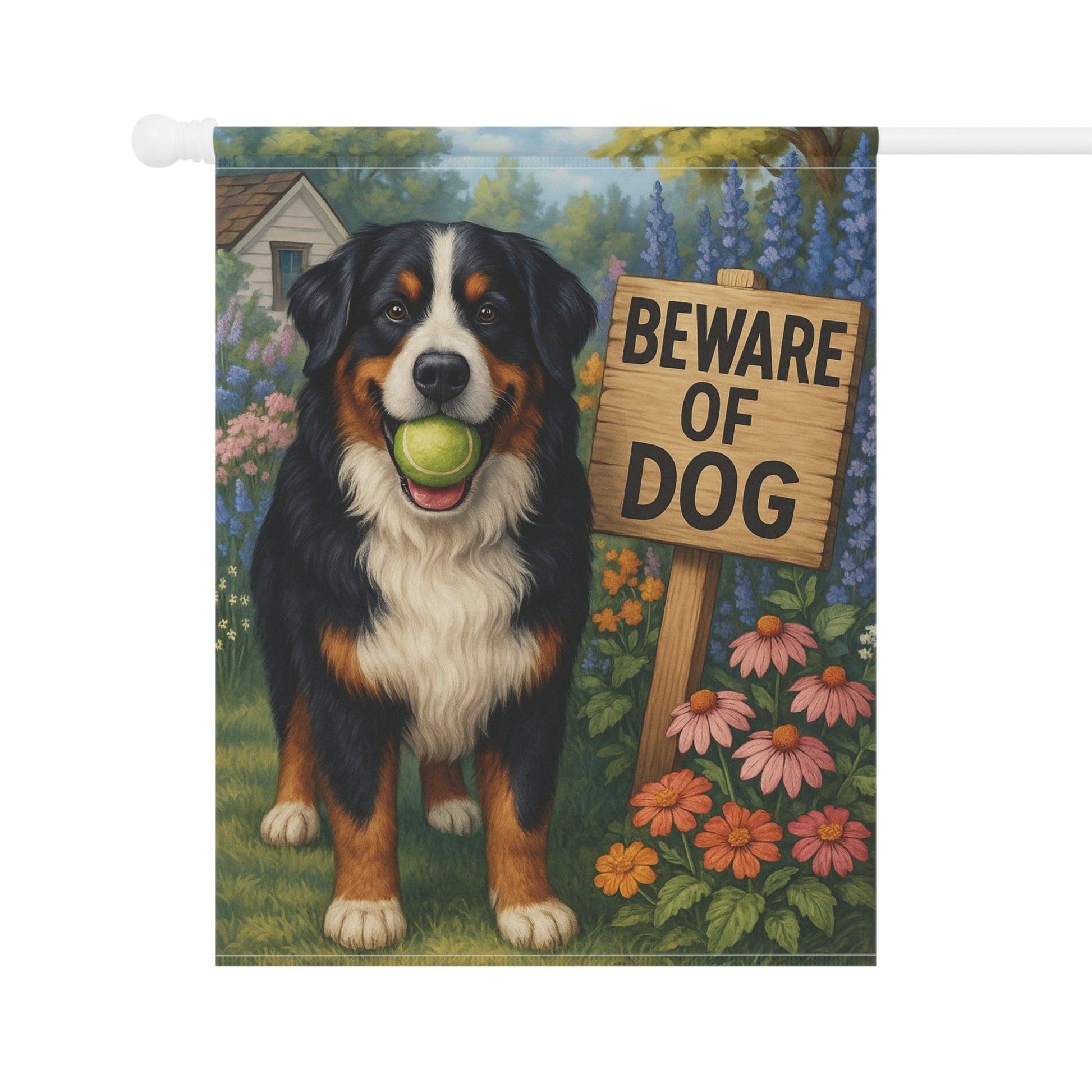 Printify Garden Flag Bernese Mountain Dog Beware Garden Flag