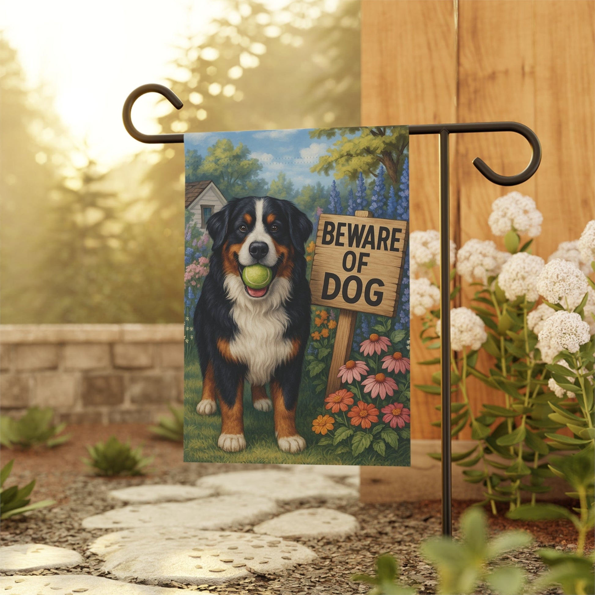 Printify Garden Flag Bernese Mountain Dog Beware Garden Flag
