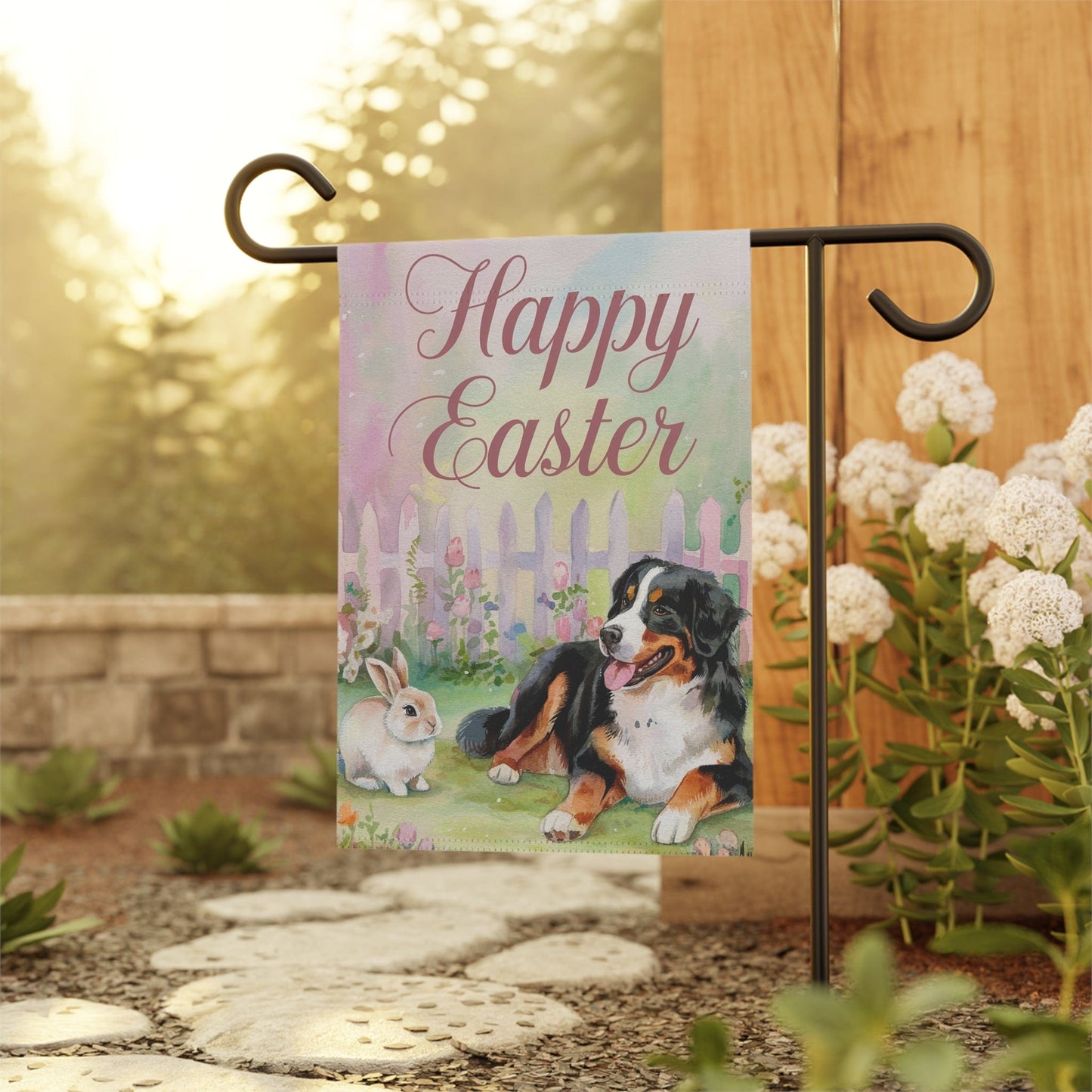 Printify Garden Flag Bernese Mountain Dog Easter Garden Flag