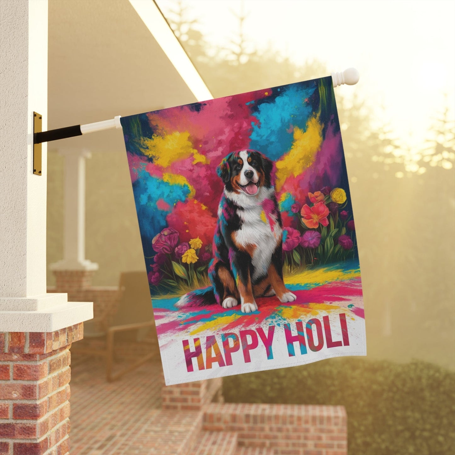 Printify Garden Flag Bernese Mountain Dog Holi Festival Garden Flag, Indian Celebrations Funny Dog