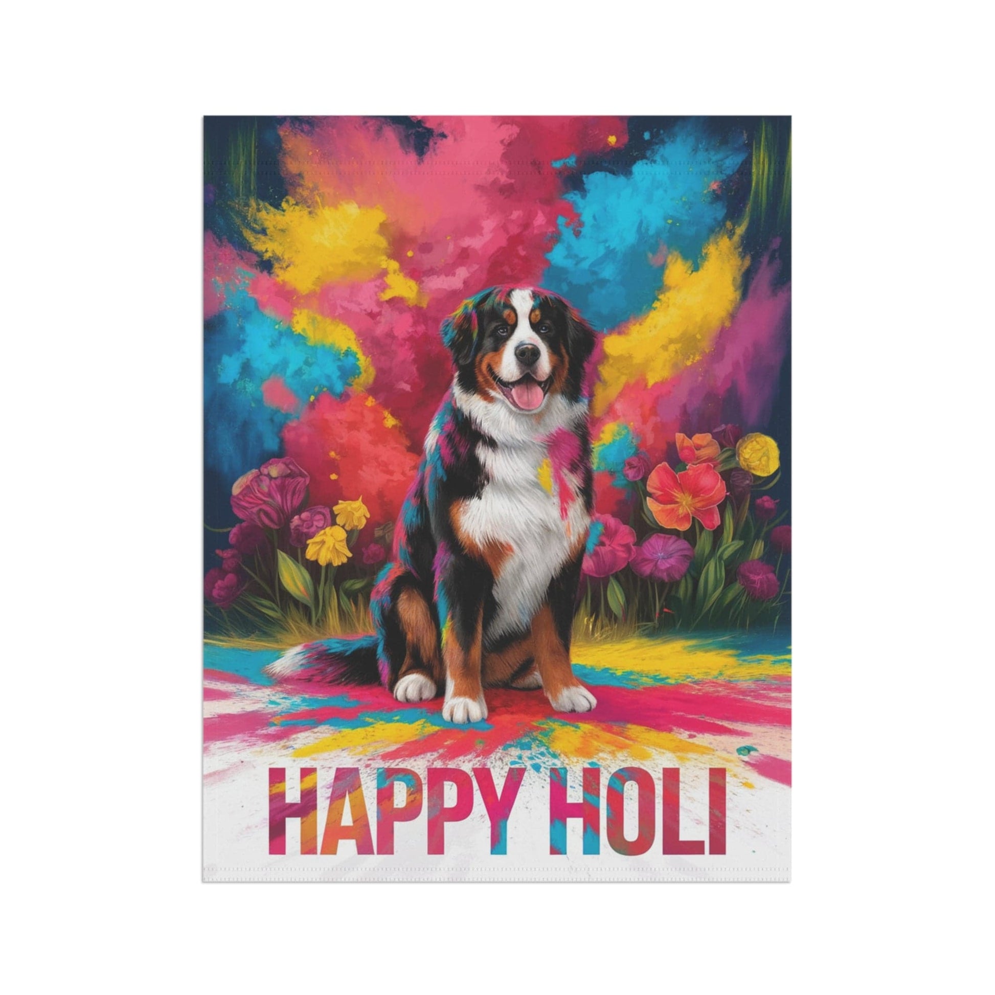 Printify Garden Flag Bernese Mountain Dog Holi Festival Garden Flag, Indian Celebrations Funny Dog