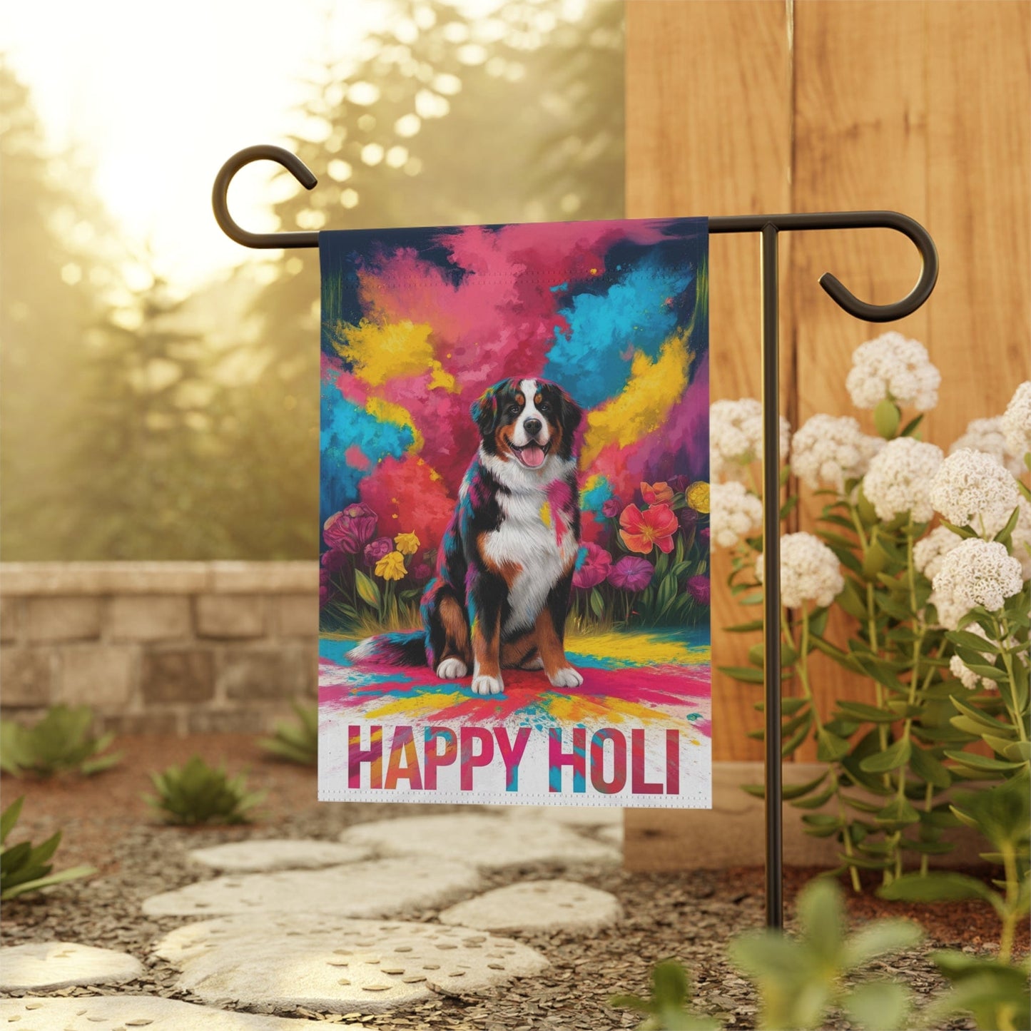 Printify Garden Flag Bernese Mountain Dog Holi Festival Garden Flag, Indian Celebrations Funny Dog