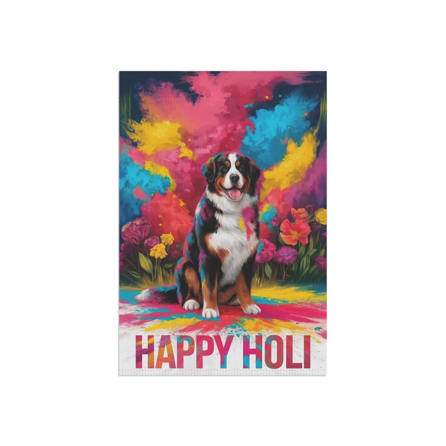 Printify Garden Flag Bernese Mountain Dog Holi Festival Garden Flag, Indian Celebrations Funny Dog