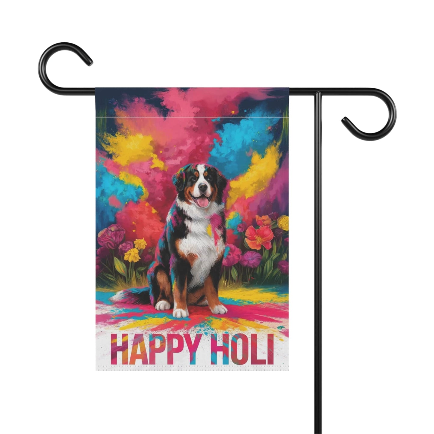 Printify Garden Flag Bernese Mountain Dog Holi Festival Garden Flag, Indian Celebrations Funny Dog