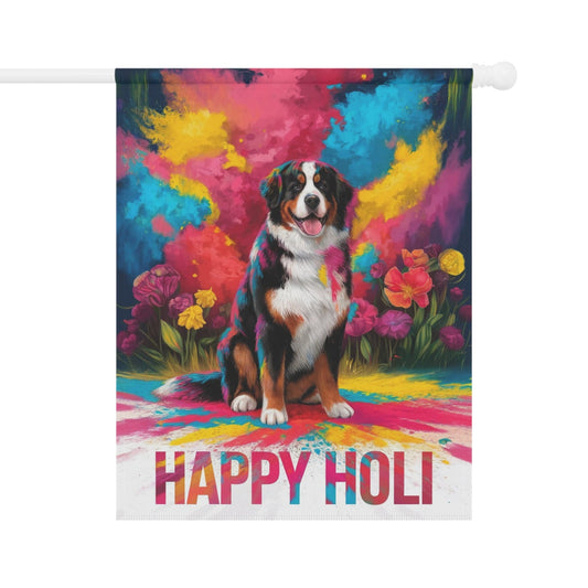 Printify Garden Flag 24.5'' × 32'' Bernese Mountain Dog Holi Festival Garden Flag, Indian Celebrations Funny Dog