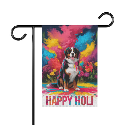 Printify Garden Flag 12'' × 18'' Bernese Mountain Dog Holi Festival Garden Flag, Indian Celebrations Funny Dog