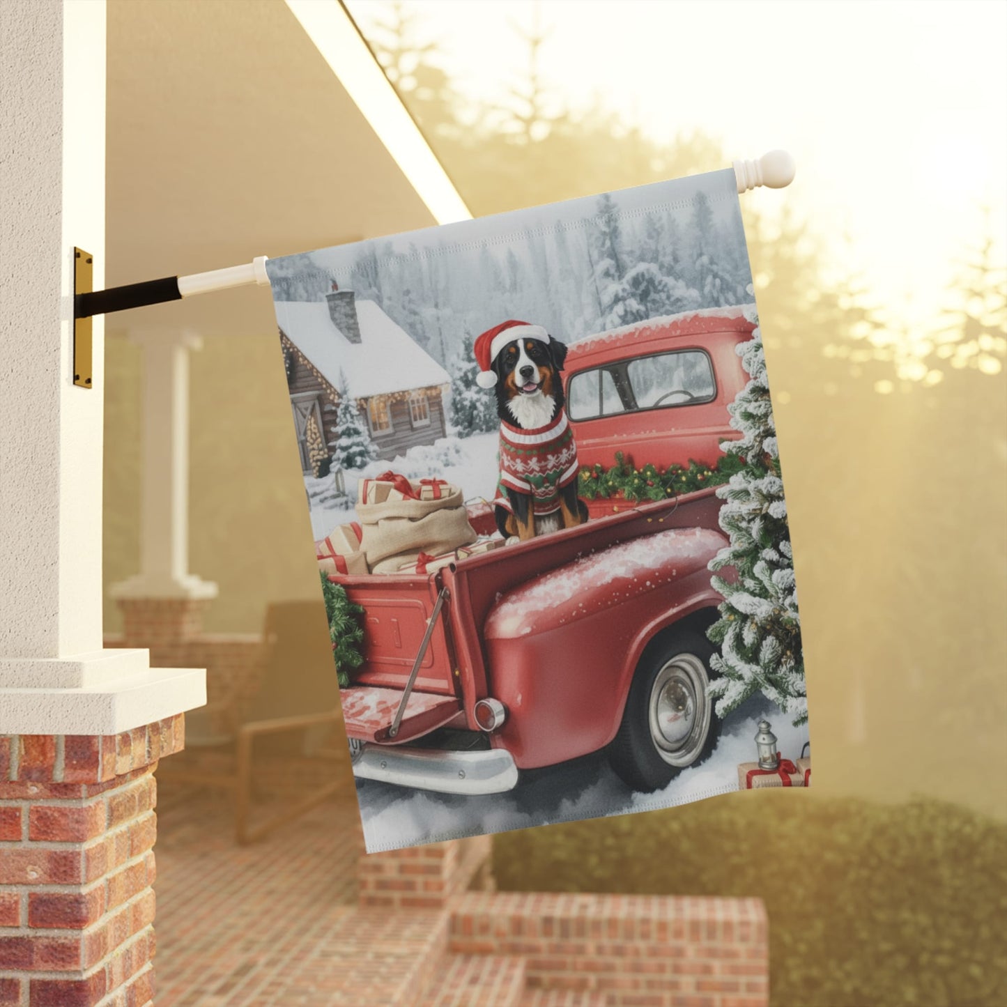 Bernese Mountain Dog Red Truck Christmas Garden Flag