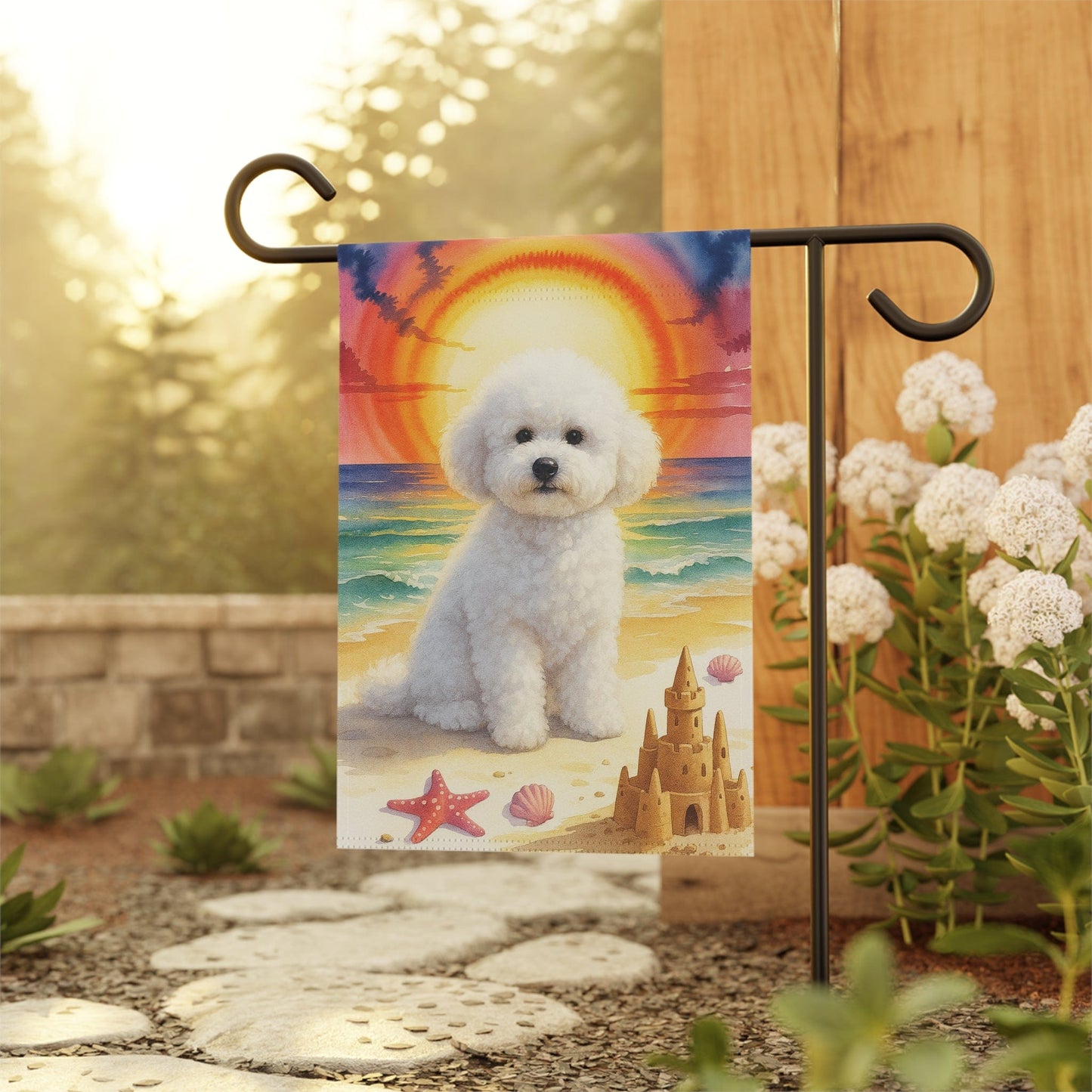 Printify Home Decor Bichon Frise Beach Garden Flag