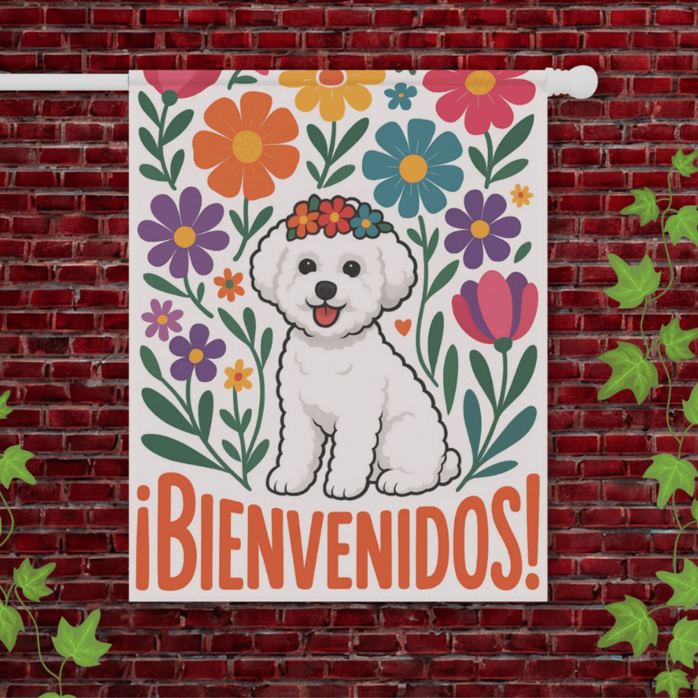 Printify Garden Flag 24.5'' × 32'' Bichon Frise Bienvenidos Garden Flag