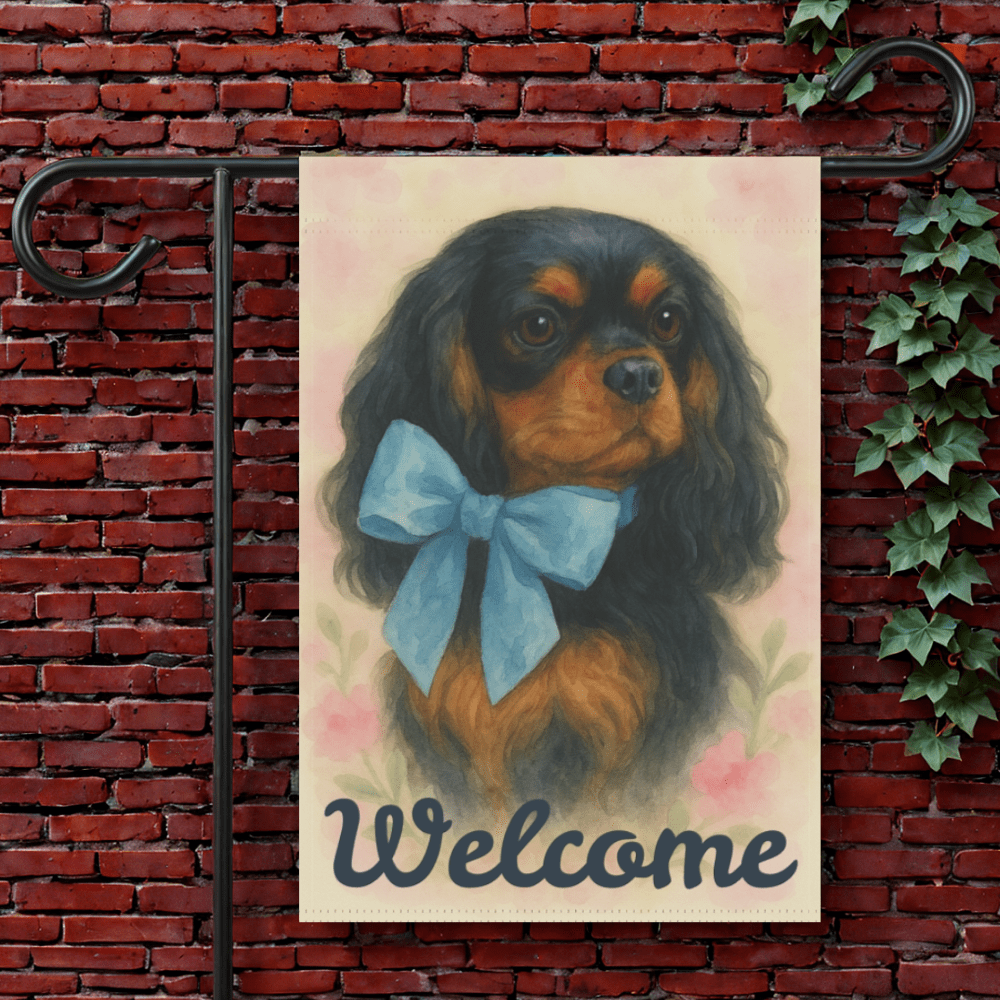 Black and Tan Cavalier Blue Coquette Garden Flag 12'' × 18''