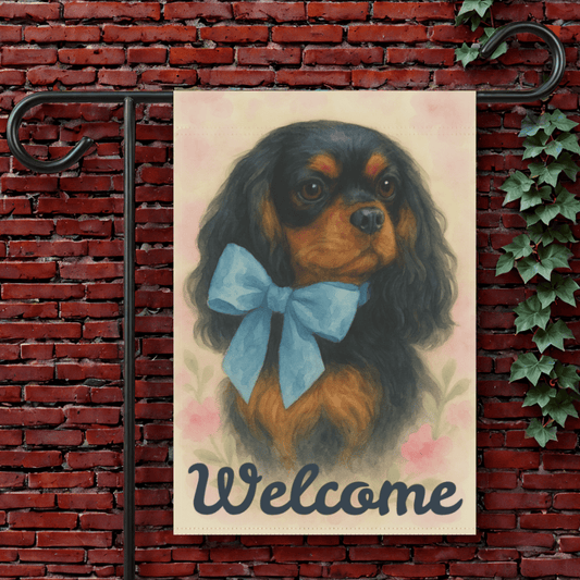 Black and Tan Cavalier Blue Coquette Garden Flag 12'' × 18''