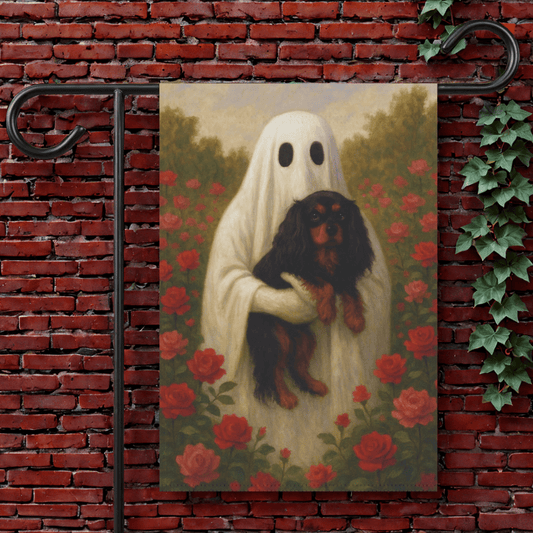 Black and Tan Cavalier Ghostie Garden Flag 12'' × 18''