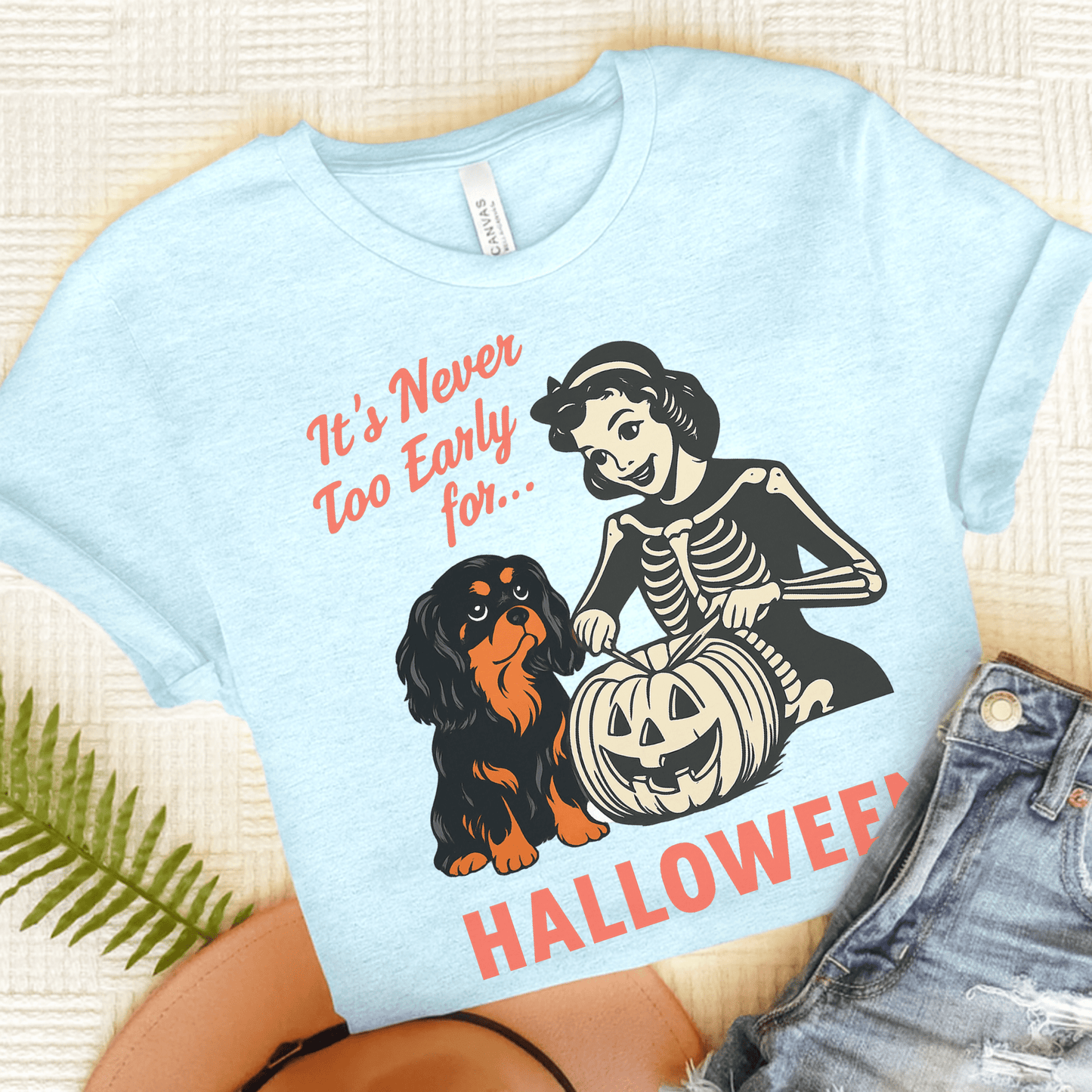 Printify T-Shirt Heather Ice Blue / S Black and Tan Cavalier King Charles Early Halloween TShirt