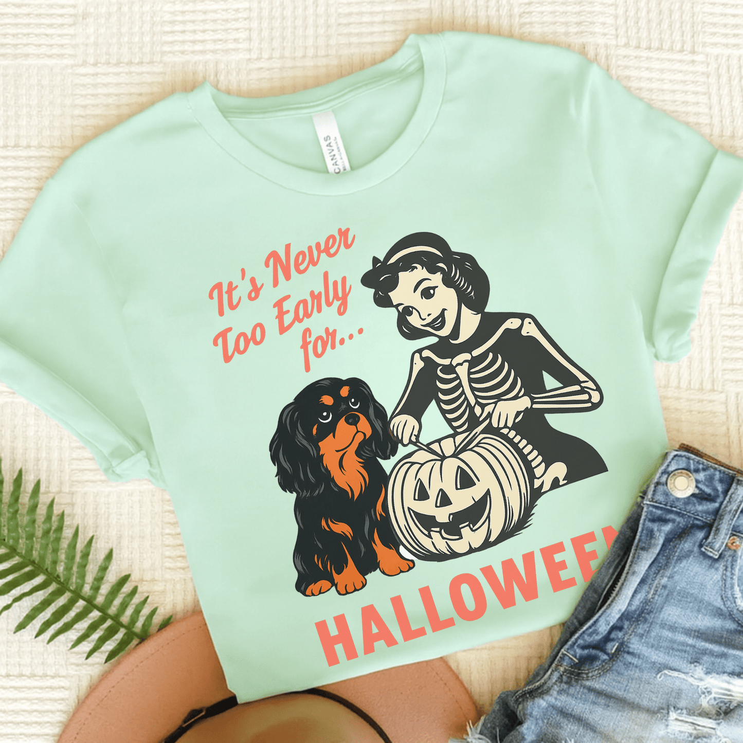 Printify T-Shirt Heather Mint / S Black and Tan Cavalier King Charles Early Halloween TShirt