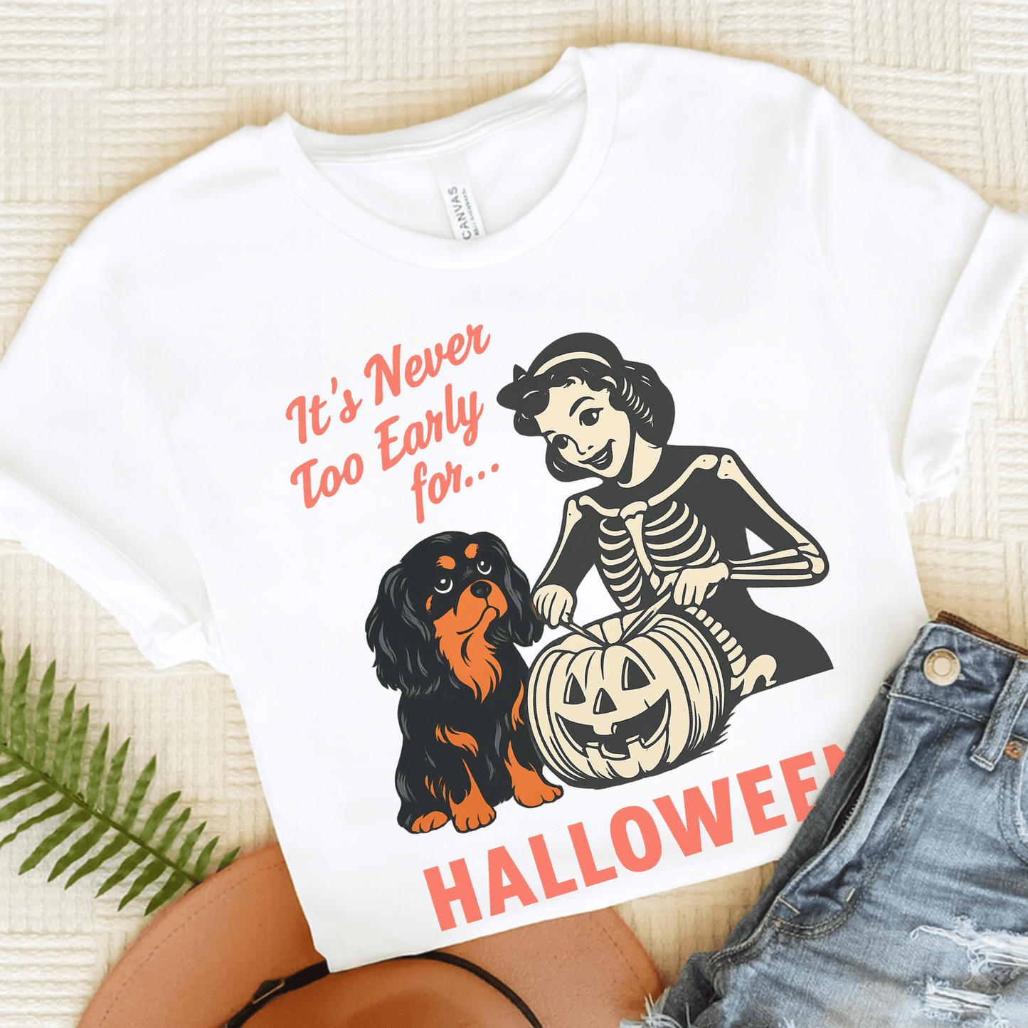 Printify T-Shirt White / S Black and Tan Cavalier King Charles Early Halloween TShirt