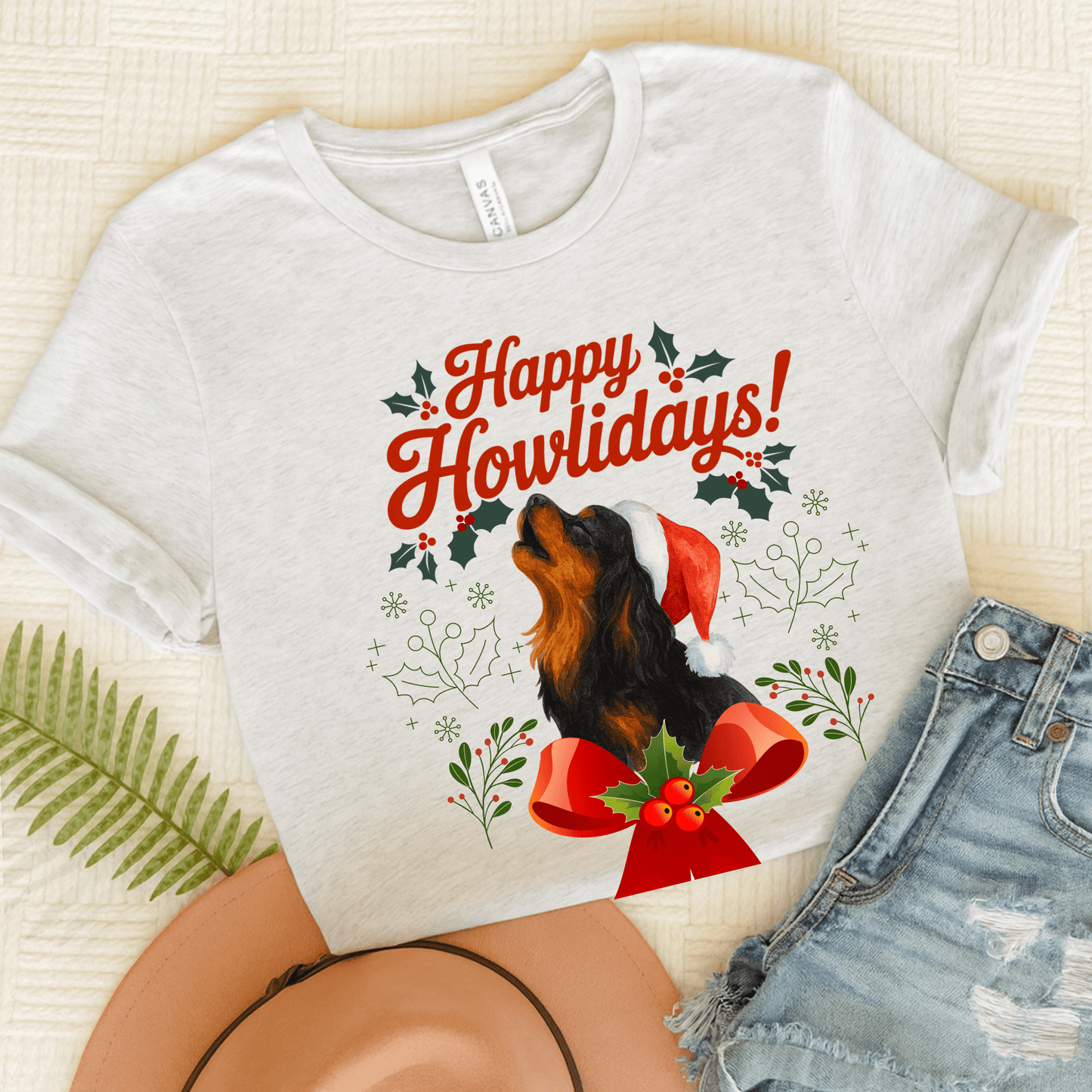 Printify T-Shirt Ash / S Black and Tan Cavalier King Charles Howlidays TShirt